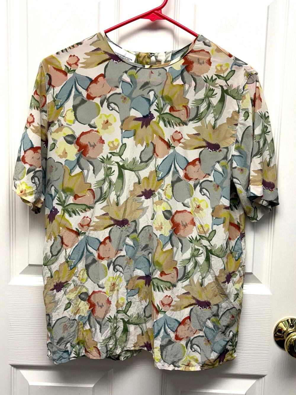 Christie & Jill Blouse Vintage Silk Floral Size Small Painterly Short Sleeve